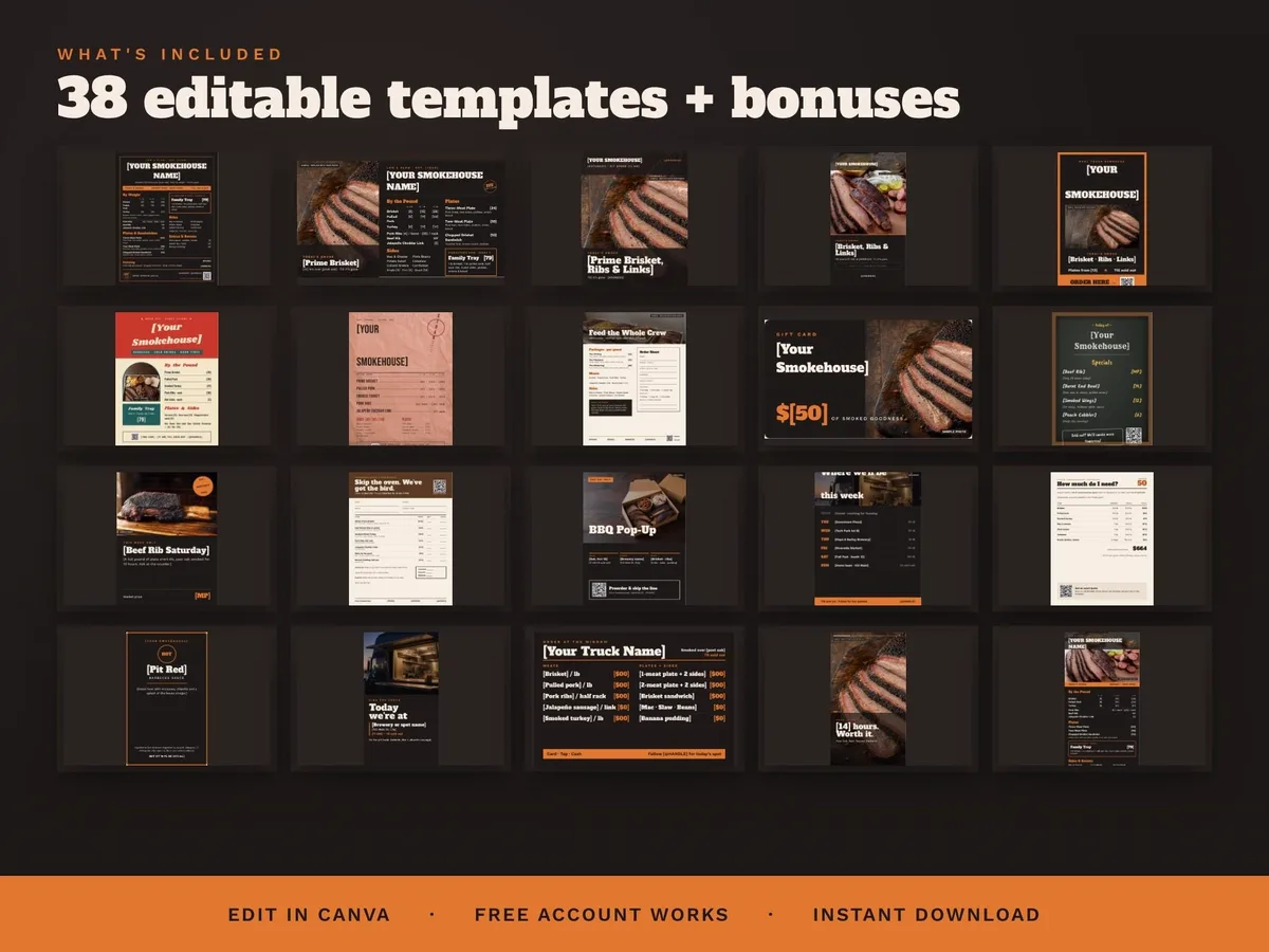 BBQ Menu and Food Truck Marketing Kit — 38 Canva Templates shown running on a Stream Deck