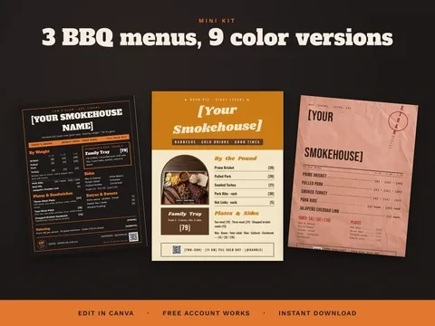 BBQ Menu Template Set — 3 Menus in 3 Colors — Canva template kit