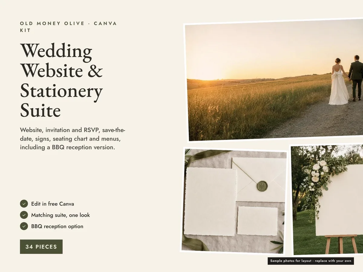 Olive Green Wedding Suite — 34 Canva Templates