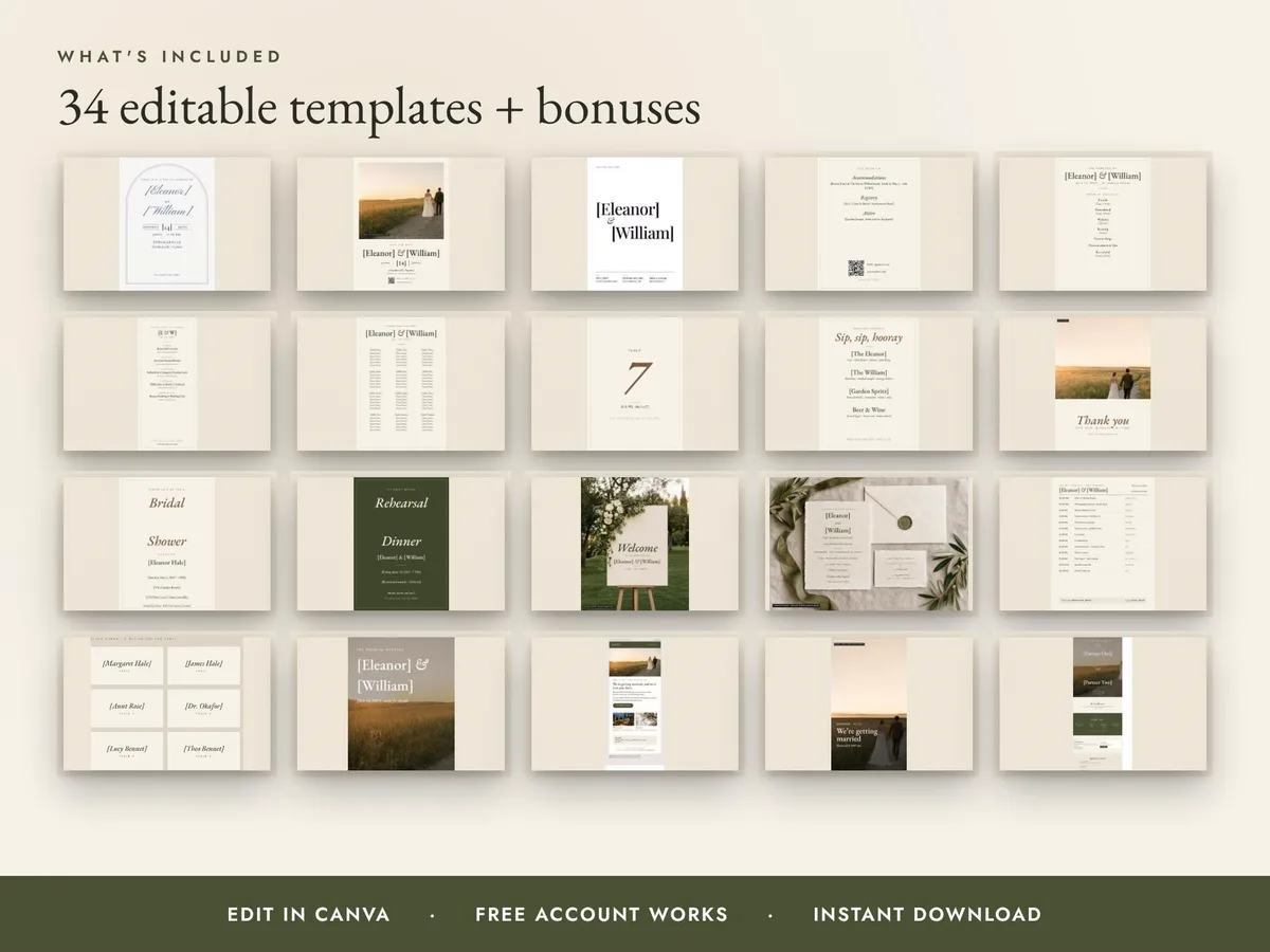 Olive Green Wedding Suite — 34 Canva Templates shown running on a Stream Deck