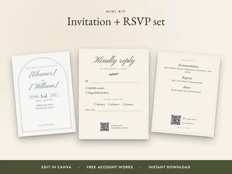 Olive Wedding Invitation Set — Invitation, RSVP and Details Card — Canva template kit