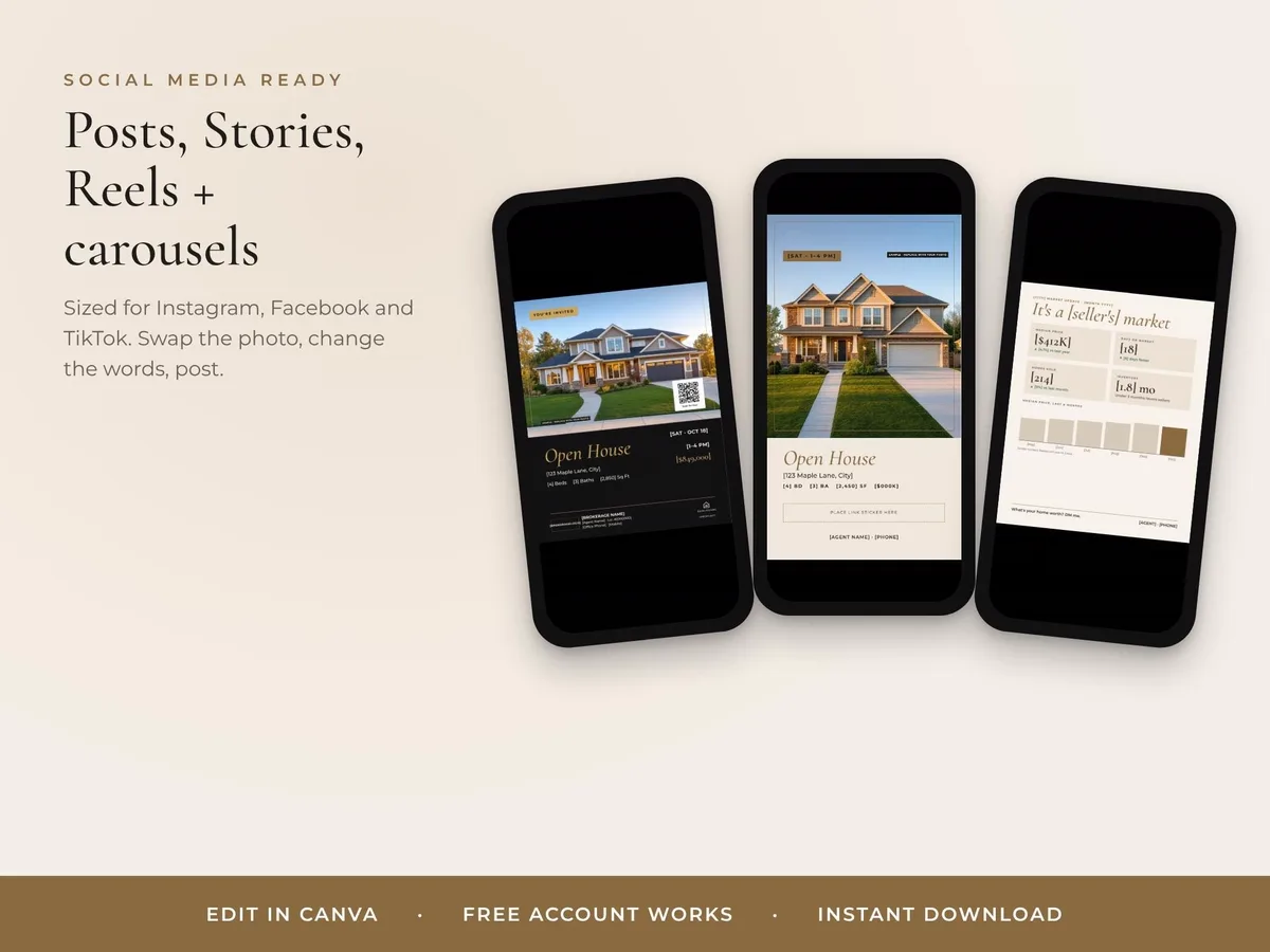 Real Estate Instagram Templates — Open House, Just Listed, Under Contract, Just Sold shown running on a Stream Deck